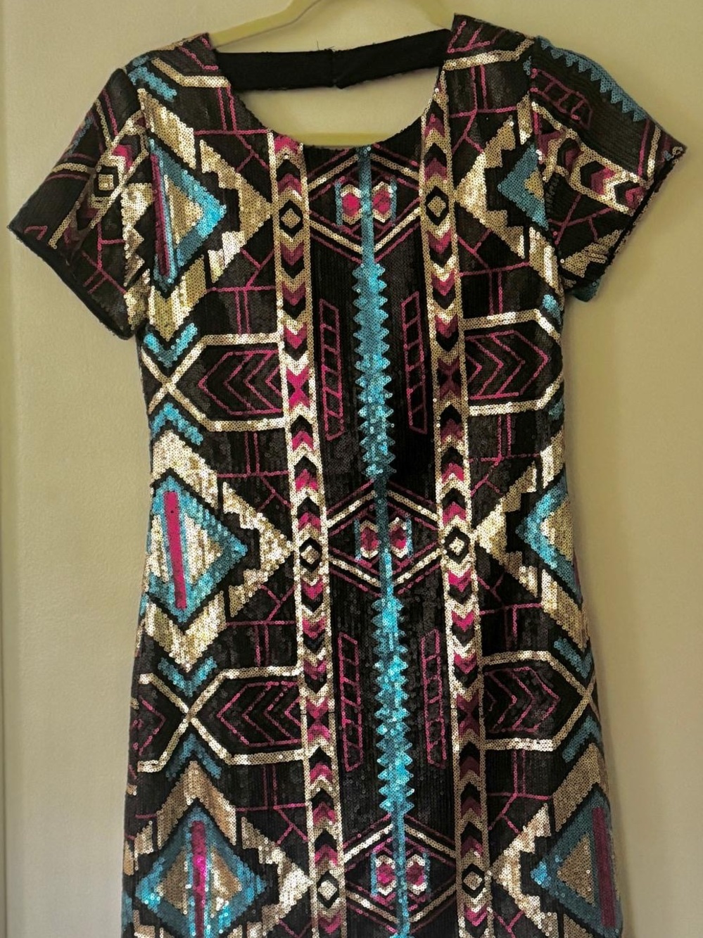 Sequin Geo-Pattern Mini Dress in Black and Gold with Turquoise & Pink